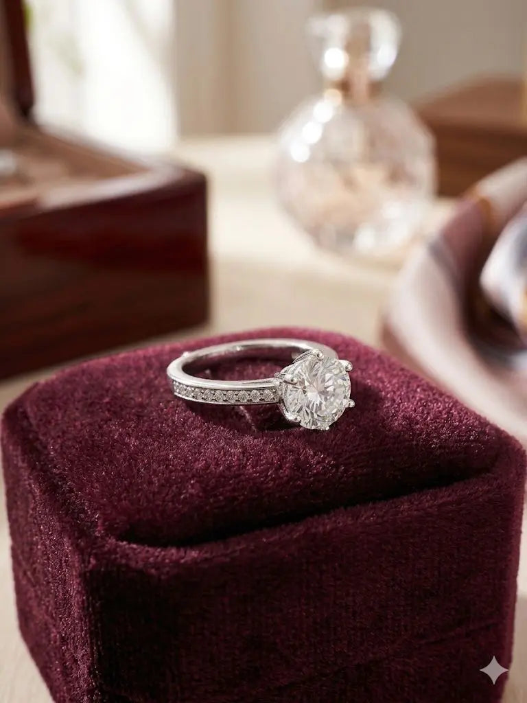 AAA+ Certified Quality, Round Moissan Gemstone, Silver-925 Ring, 2 Carats, Weight: 2.7gm. CJABC-JZ385